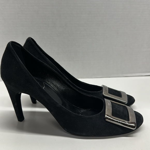 Roger Vivier High Heel Shoes Suede Pumps Round Toe Square Logo Black Size 36.5 - Picture 2 of 13